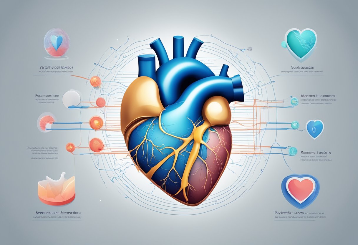 Ultradźwiękowa sonda w kształcie serca emitująca fale dźwiękowe w kierunku bijącego serca otoczonego diagramami anatomicznymi